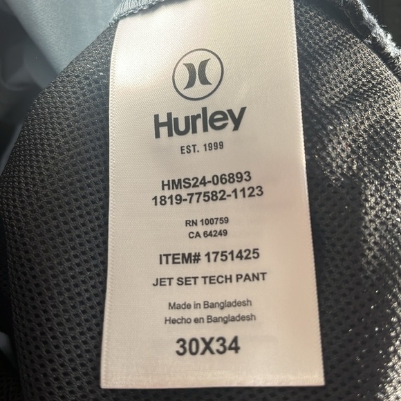Hurley Tech Pants Men's 30X34 Blue Moisture Wicking Pockets Hidden Zip Pocket - Picture 15 of 16
